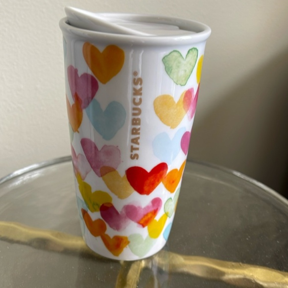 Starbucks Watercolor Hearts Ceramic Travel Tumbler 10 oz with Lid